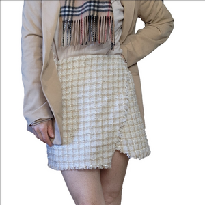 Mini skirt tweed like Neutral Faux wrap mini Knit Ivory tan colors LULUS NWT